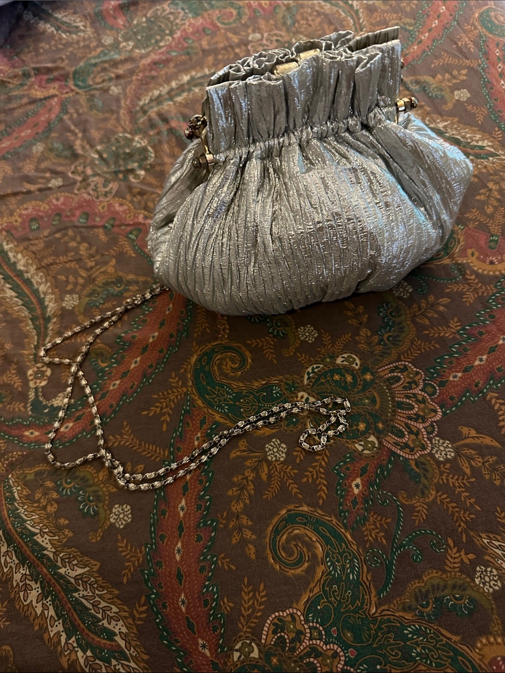 Vintage Vanessa Silver Metallic Kiss Lock Evening Handbag Chain Clutch